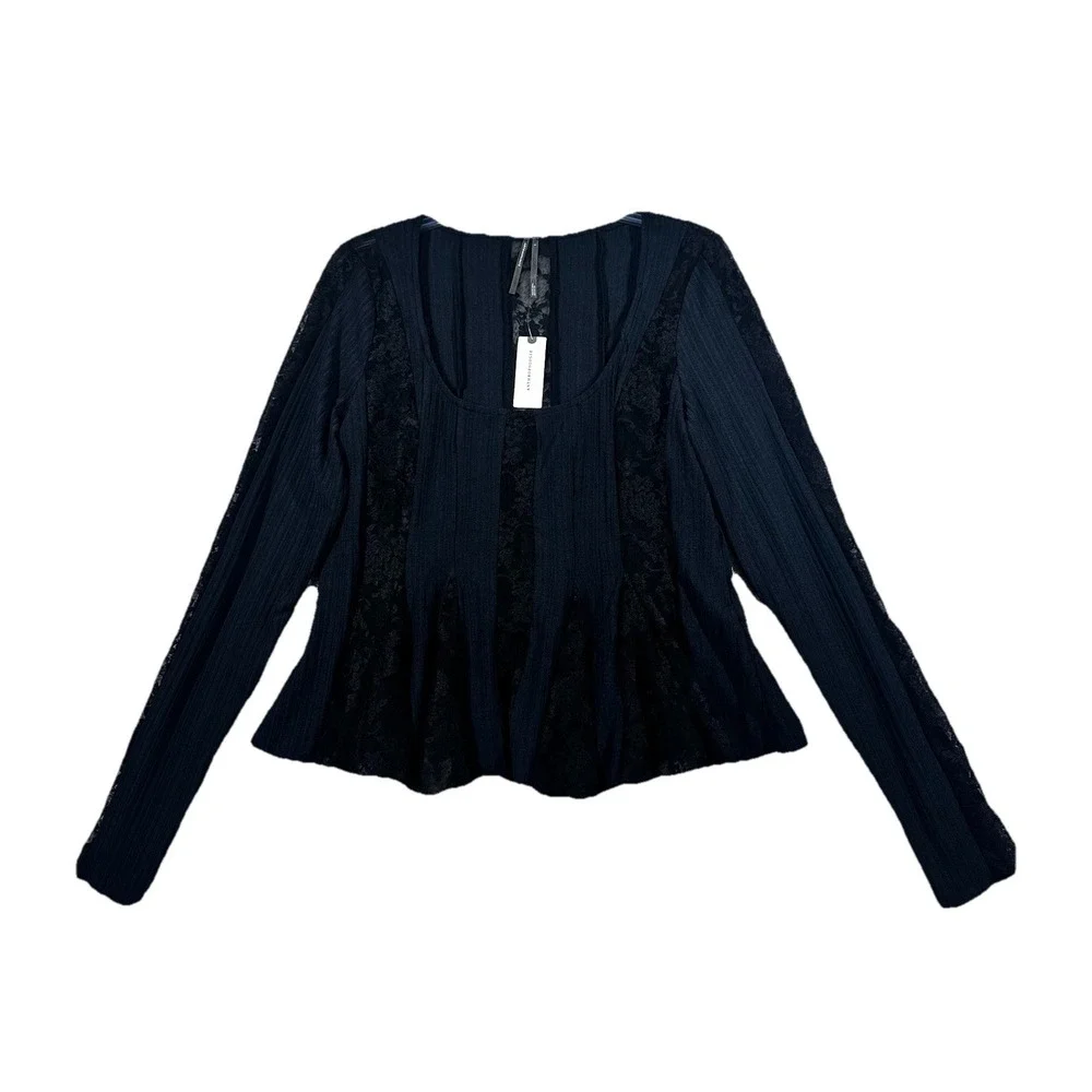 ANTHROPOLOGIE Long-Sleeve‎ Lace Peplum Top Women's Size L Black